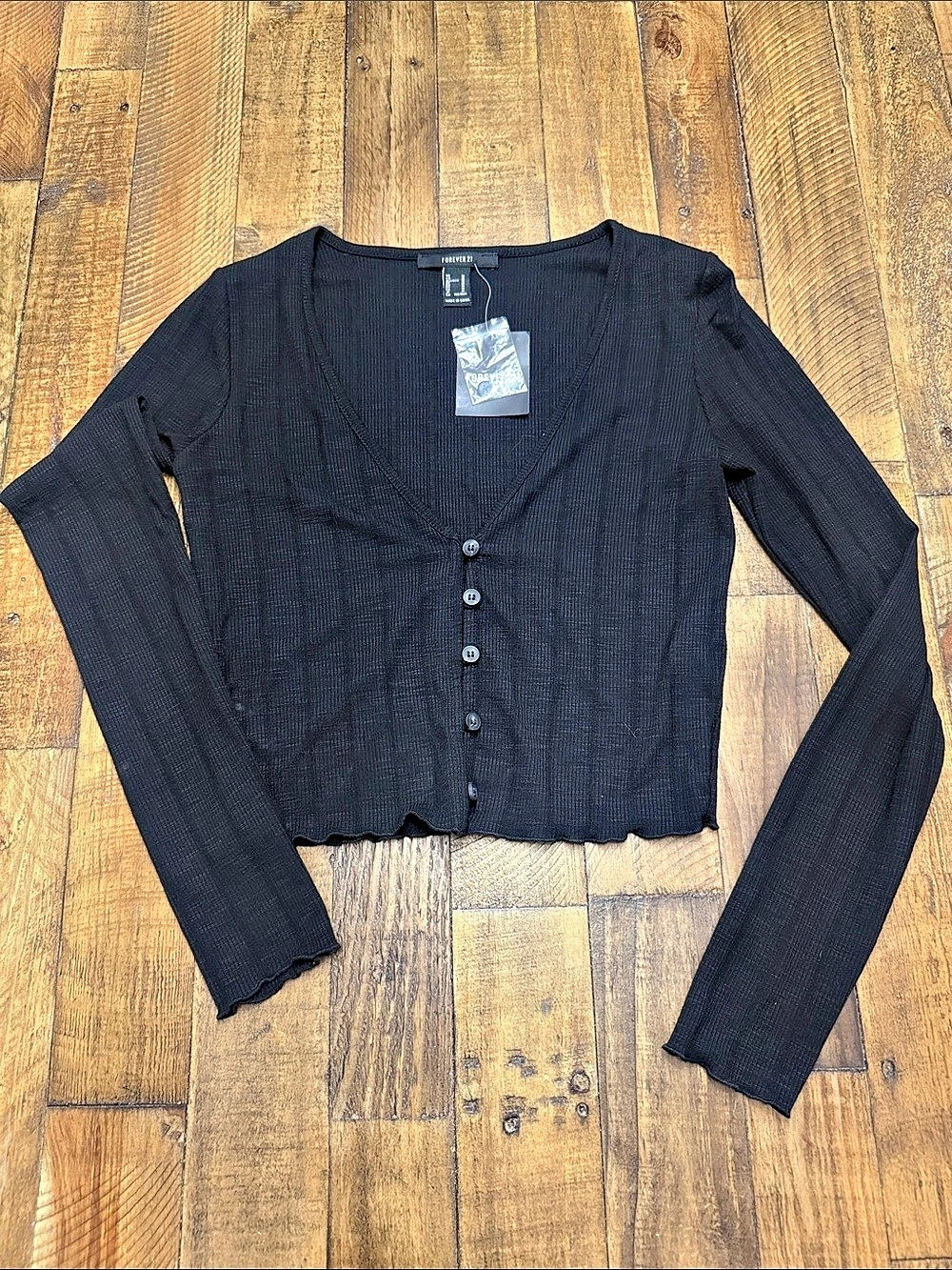 Forever 21 Black Ribbed Button Front Cardigan Size Medium NWT